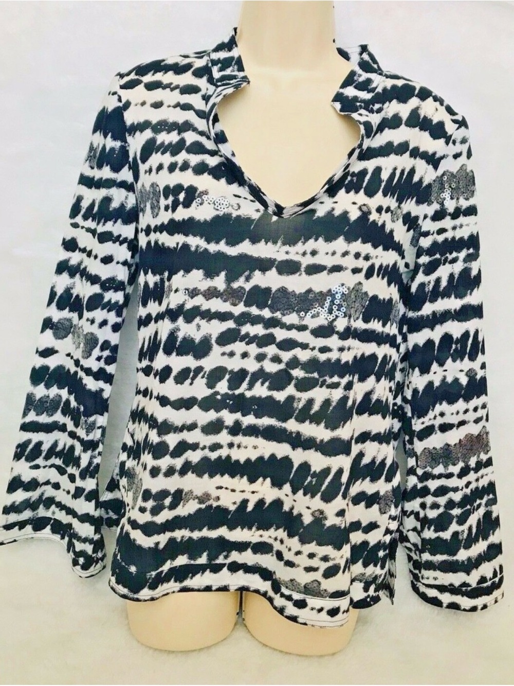 Tory Burch Black & White Tie-Dye Notch Neck Tunic
